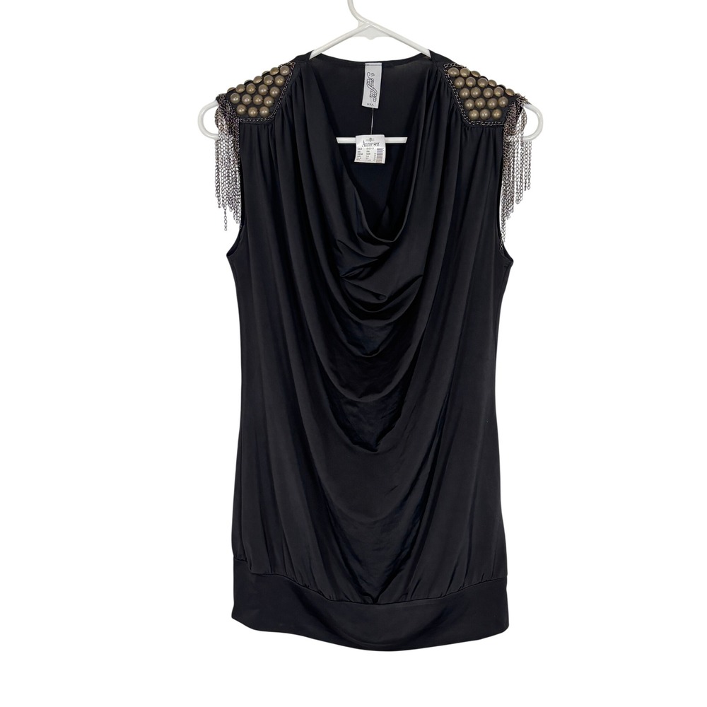 Edgy Cowl Neck Top Women M Black Studded Chain Fringe Festival Grunge Punk Emo